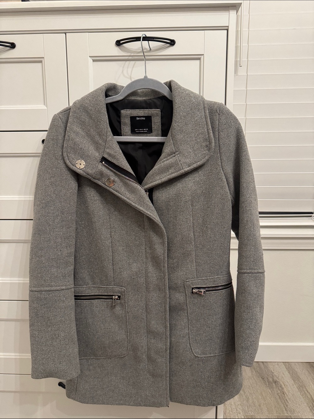 Bershka Women's Light Grey Wool Blend Trench Coat